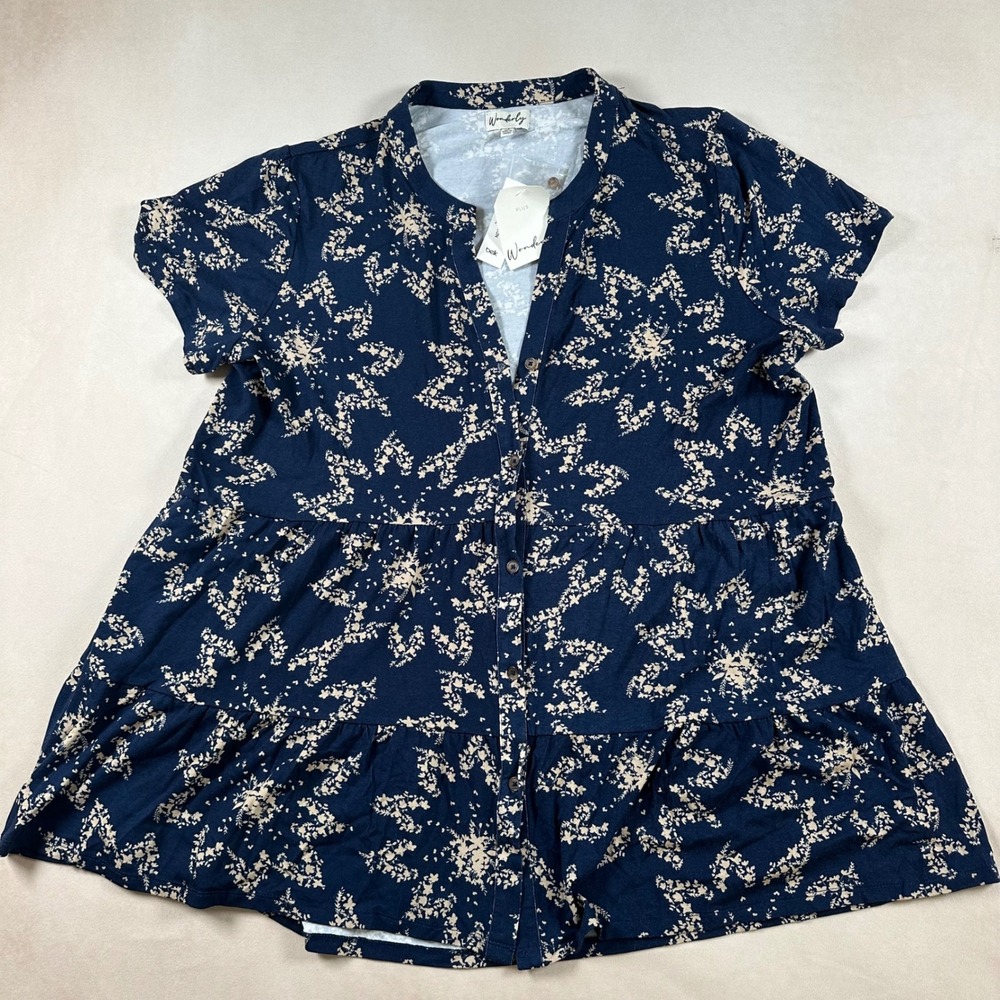 Wonderly Tunic Top Womens 2X NWT Navy Blue Floral Tiered Babydoll Button Front